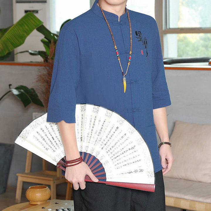 Buddha Stones Frog-Button Chinese Tang Suit Three Quarter Sleeve Cotton Linen Men's Shirt - image 23