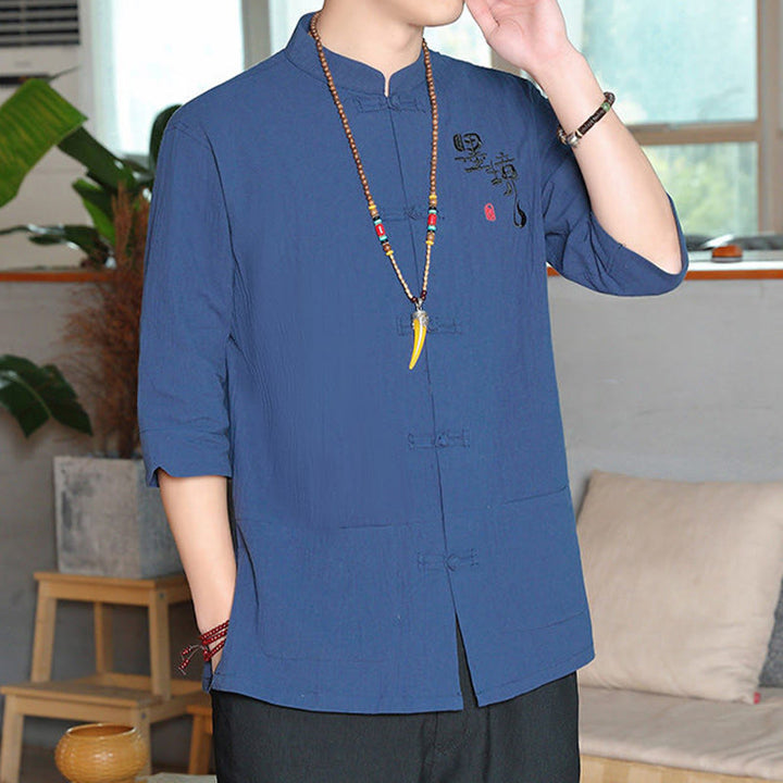 Buddha Stones Frog-Button Chinese Tang Suit Three Quarter Sleeve Cotton Linen Men's Shirt - image 25