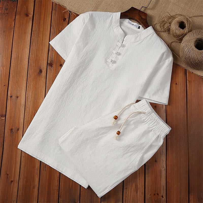 Buddha Stones 2Pcs Solid Color Frog-Button Tang Suit Cotton Linen Short Sleeve Pants Clothing Men's Set - White - US/UK/AU46，EU56 (5XL) - image 0