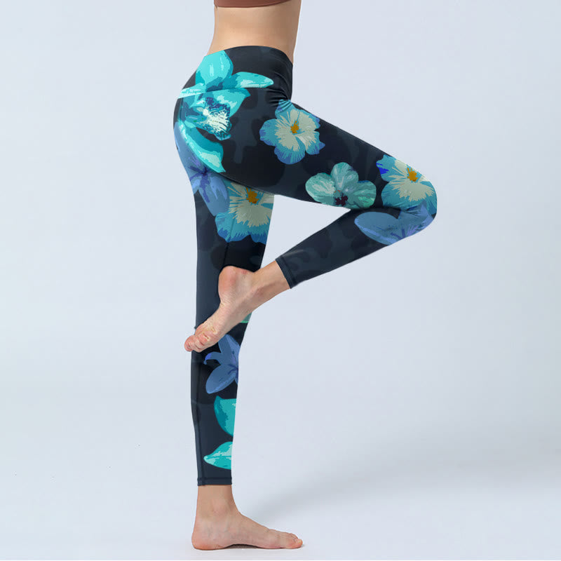 Buddha Stones Green Blue Floral Print Exercise Leggings Women's Yoga Pants - image 3