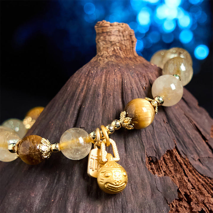 Buddha Stones Natural Rutilated Quartz Fu Character Metal Swallowing Beast Auspiciousness Bracelet - image 3