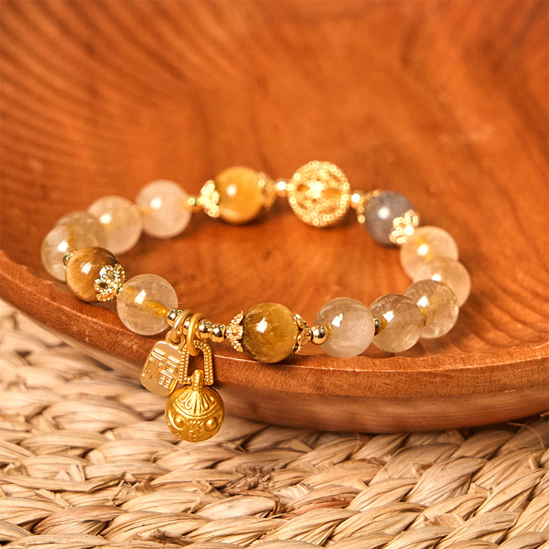 Buddha Stones Natural Rutilated Quartz Fu Character Metal Swallowing Beast Auspiciousness Bracelet - image 2