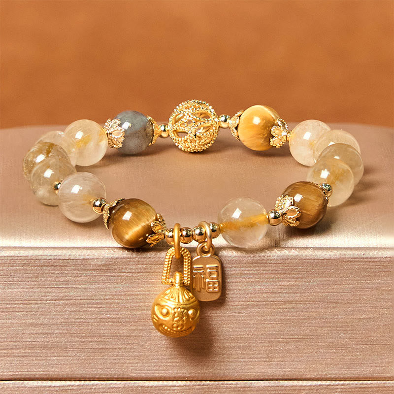 Buddha Stones Natural Rutilated Quartz Fu Character Metal Swallowing Beast Auspiciousness Bracelet - Rutilated Quartz(Wrist Circumference: 14-18cm) - image 0