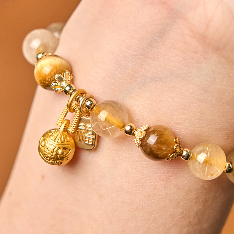 Buddha Stones Natural Rutilated Quartz Fu Character Metal Swallowing Beast Auspiciousness Bracelet - image 9