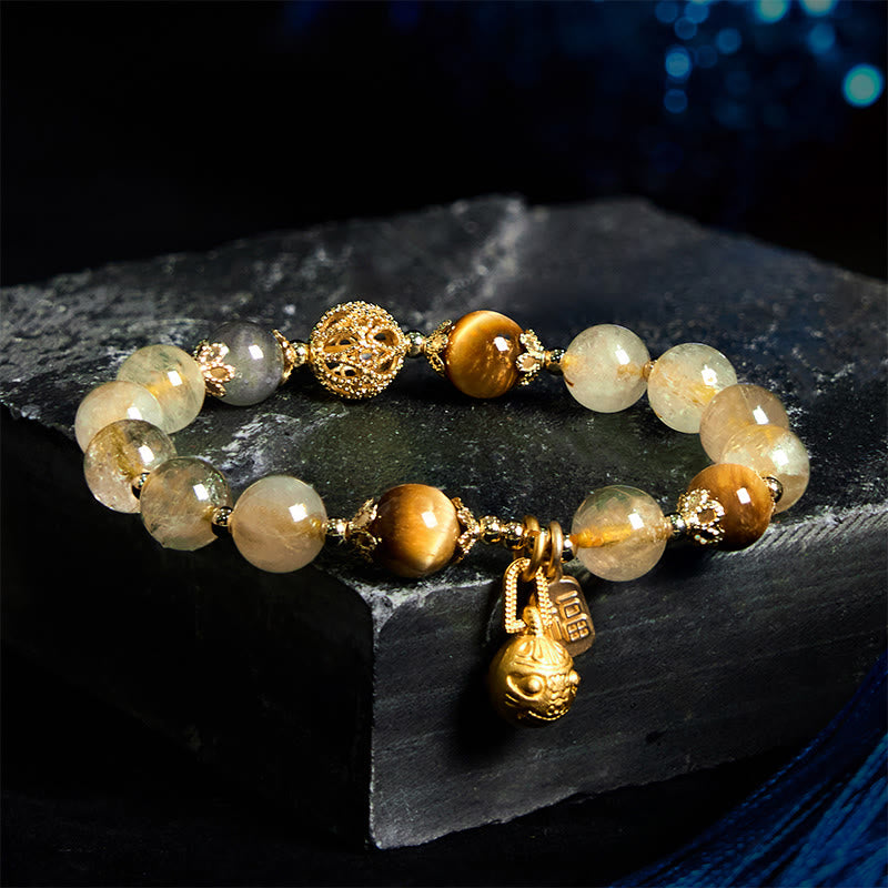 Buddha Stones Natural Rutilated Quartz Fu Character Metal Swallowing Beast Auspiciousness Bracelet - image 1