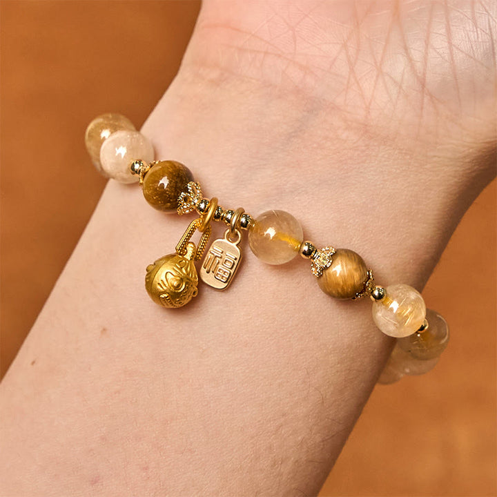 Buddha Stones Natural Rutilated Quartz Fu Character Metal Swallowing Beast Auspiciousness Bracelet - image 4