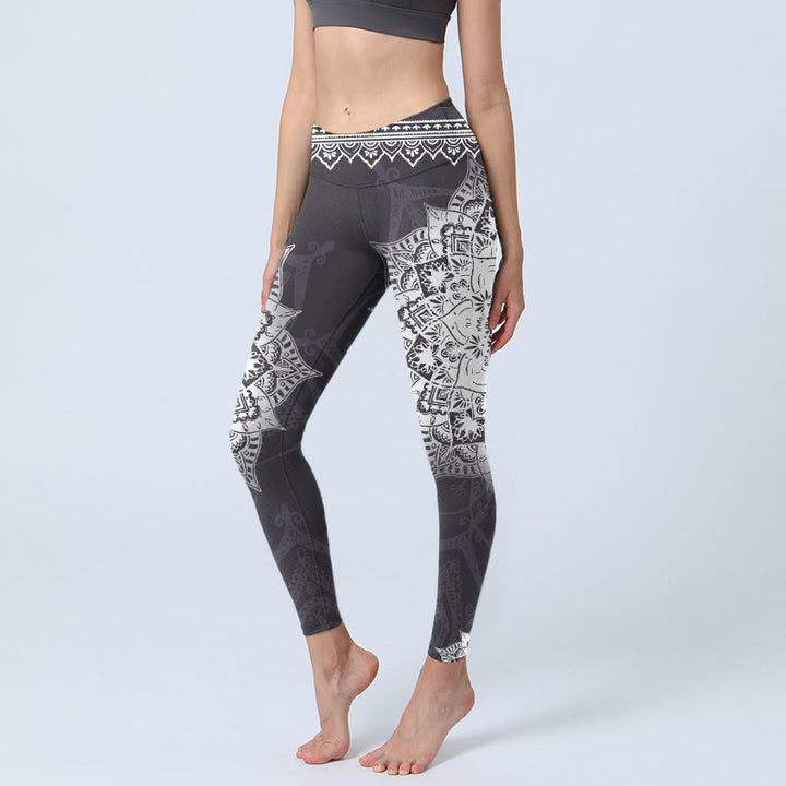 Buddha Stones Black Mandala Flowers Print Exercise Leggings Women's Yoga Pants - Black - US18，UK/AU22，EU50 (4XL) - image 0