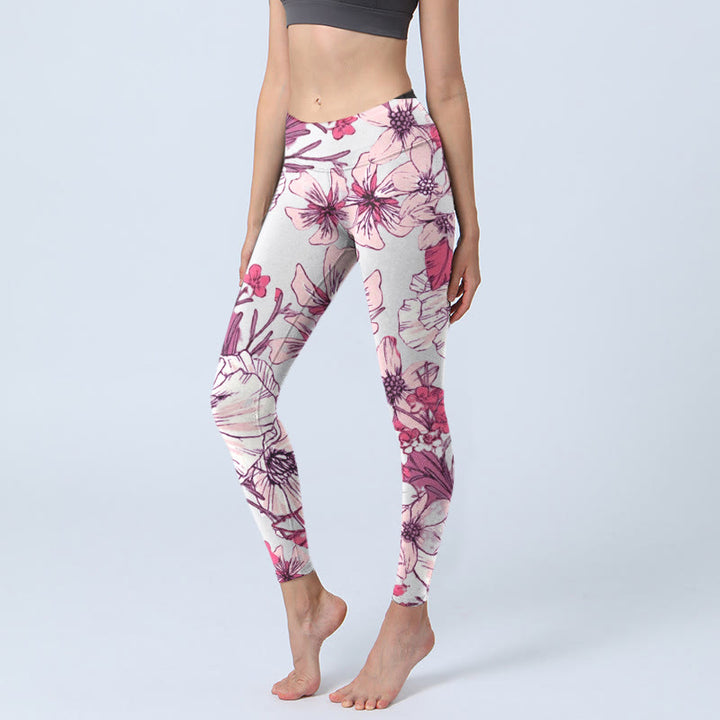 Buddha Stones Pink Rose Red Flowers Print Exercise Leggings Women's Yoga Pants - Beige - US18，UK/AU22，EU50 (4XL) - image 0