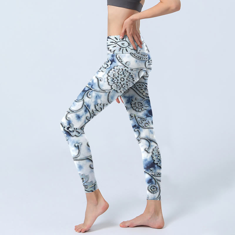 Buddha Stones White Round Flowers Print Exercise Leggings Women's Yoga Pants - image 2