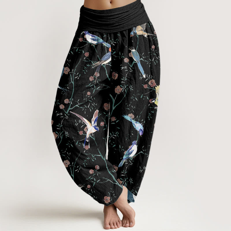 Buddha Stones Casual Bird Flowers Leaf Pattern Women's Elastic Waist Harem Pants - Black - US22，UK/AU26，EU54 (6XL) - image 0