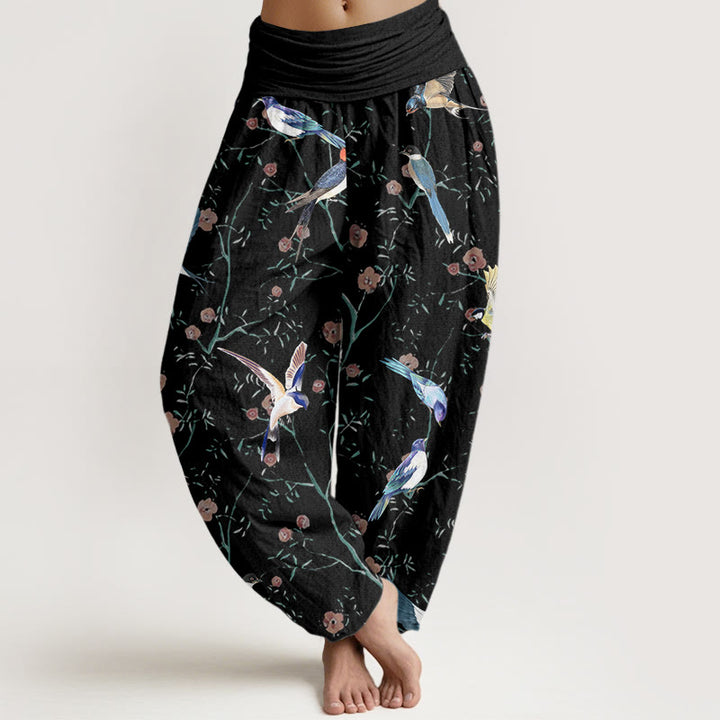 Buddha Stones Casual Bird Flowers Leaf Pattern Women's Elastic Waist Harem Pants - Black - US22，UK/AU26，EU54 (6XL) - image 0