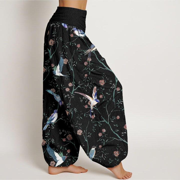 Buddha Stones Casual Bird Flowers Leaf Pattern Women's Elastic Waist Harem Pants - image 1