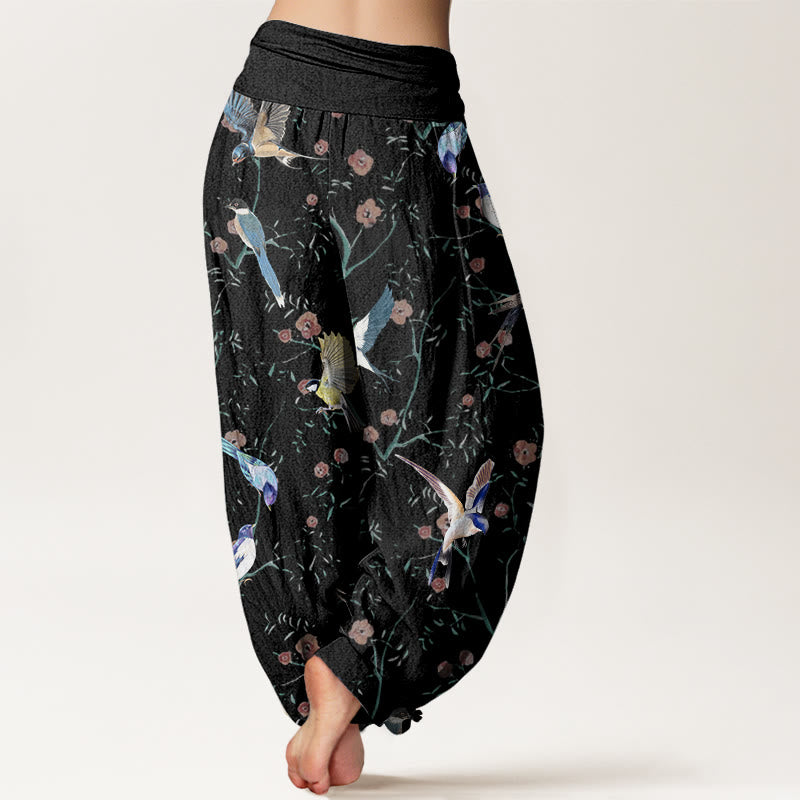 Buddha Stones Casual Bird Flowers Leaf Pattern Women's Elastic Waist Harem Pants - image 2