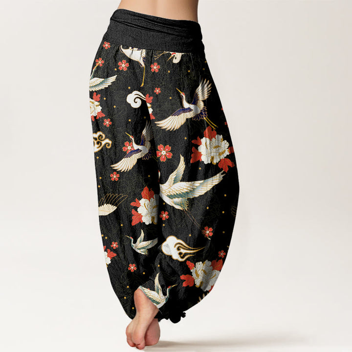 Buddha Stones Casual Red-Crowned Crane Peony Flower Cherry Blossom Pattern Women's Elastic Waist Harem Pants - image 2