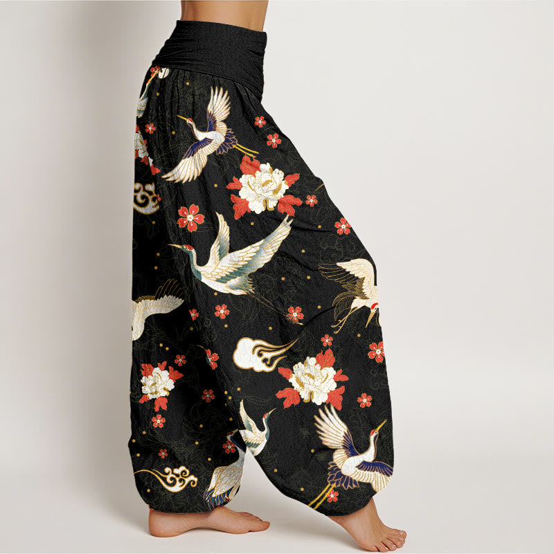 Buddha Stones Casual Red-Crowned Crane Peony Flower Cherry Blossom Pattern Women's Elastic Waist Harem Pants - image 1