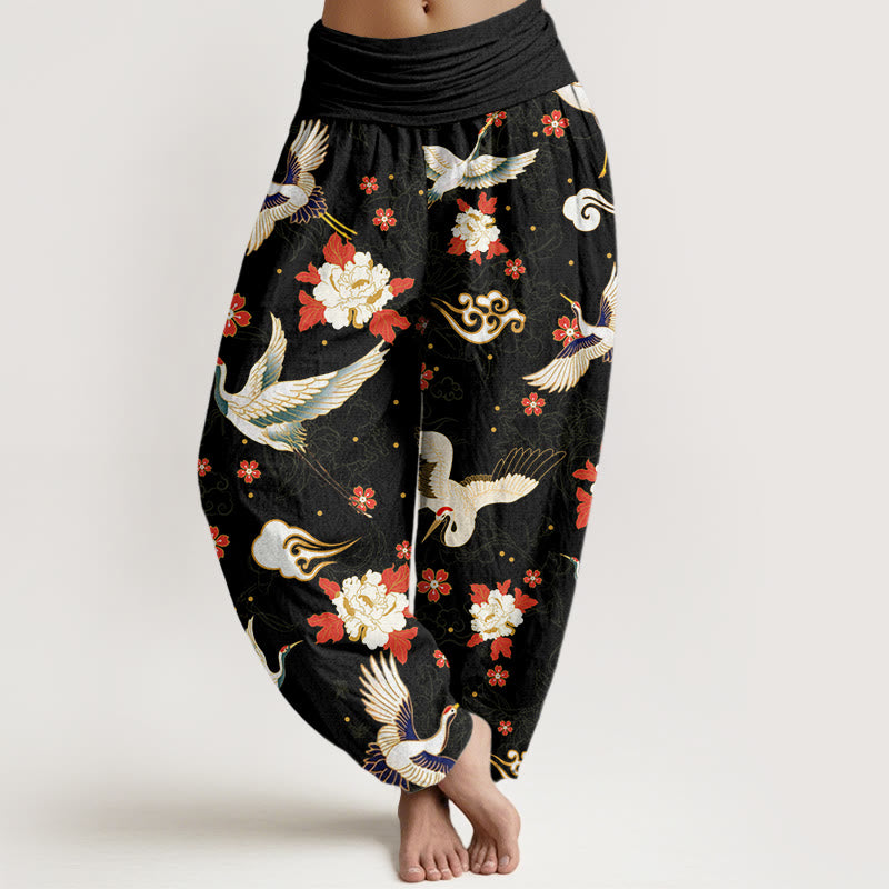 Buddha Stones Casual Red-Crowned Crane Peony Flower Cherry Blossom Pattern Women's Elastic Waist Harem Pants - Black - US22，UK/AU26，EU54 (6XL) - image 0