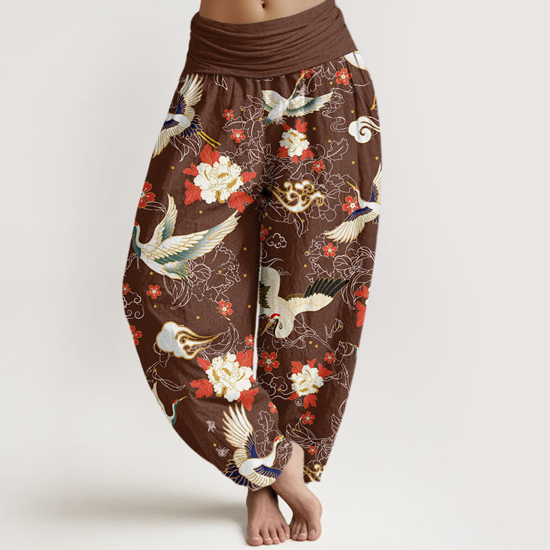 Buddha Stones Casual Red-Crowned Crane Peony Flower Cherry Blossom Pattern Women's Elastic Waist Harem Pants - SaddleBrown - US22，UK/AU26，EU54 (6XL) - image 4