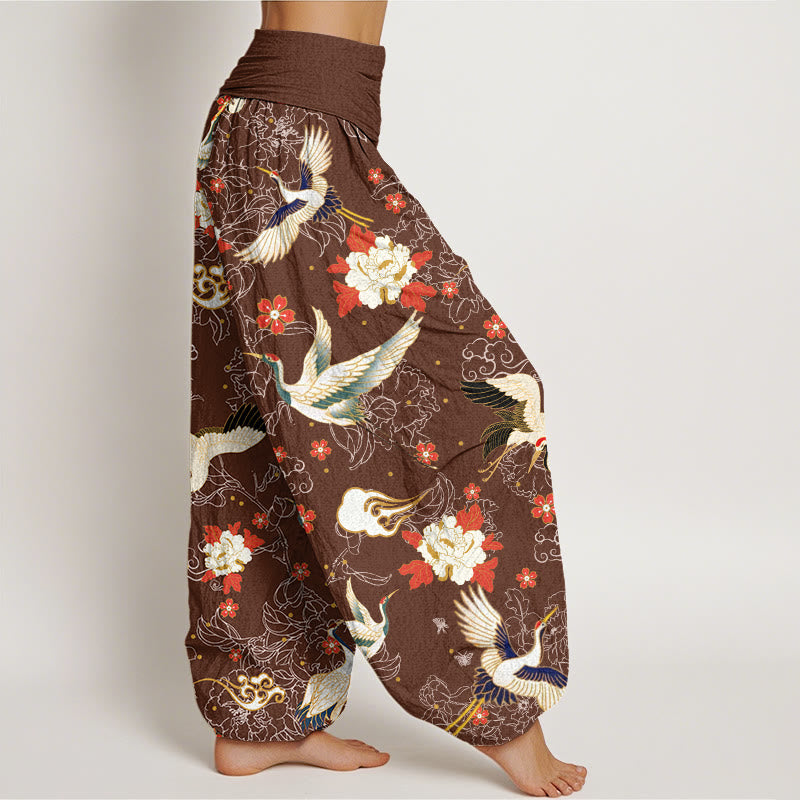 Buddha Stones Casual Red-Crowned Crane Peony Flower Cherry Blossom Pattern Women's Elastic Waist Harem Pants - image 5
