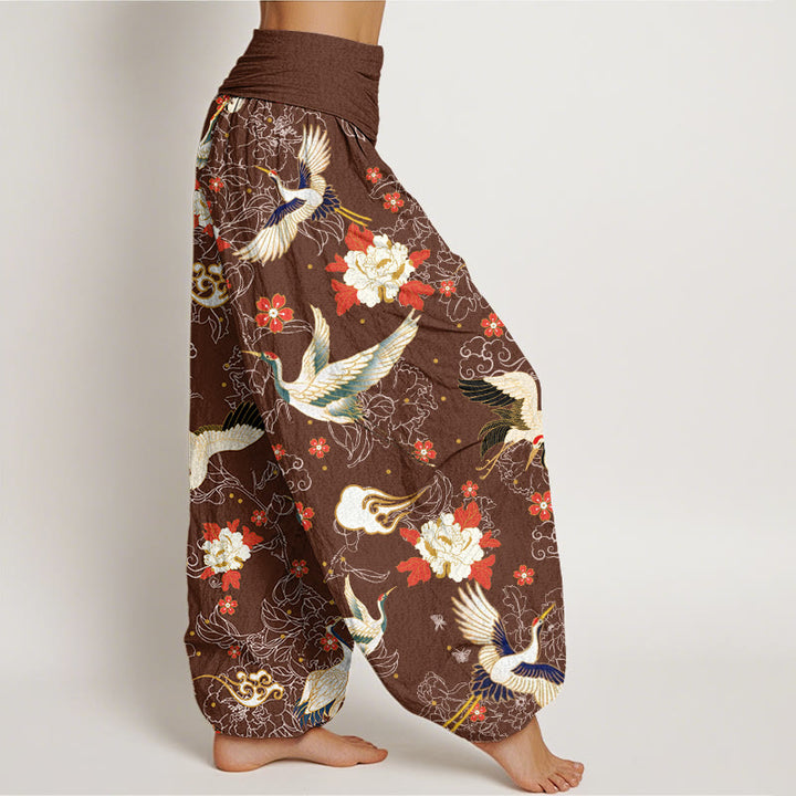 Buddha Stones Casual Red-Crowned Crane Peony Flower Cherry Blossom Pattern Women's Elastic Waist Harem Pants - image 5