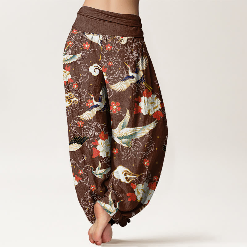 Buddha Stones Casual Red-Crowned Crane Peony Flower Cherry Blossom Pattern Women's Elastic Waist Harem Pants - image 6