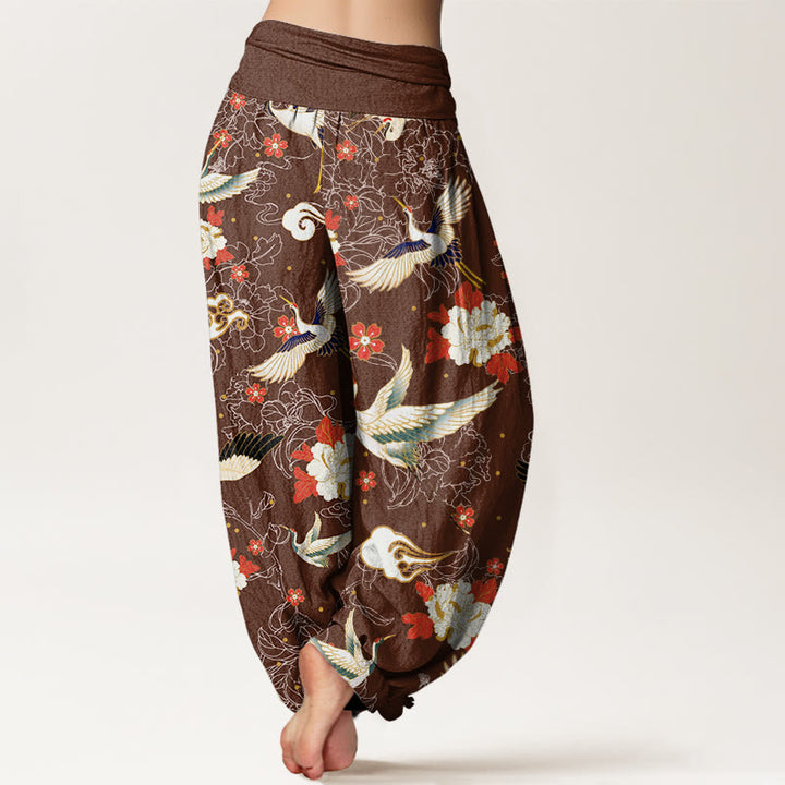 Buddha Stones Casual Red-Crowned Crane Peony Flower Cherry Blossom Pattern Women's Elastic Waist Harem Pants - image 6