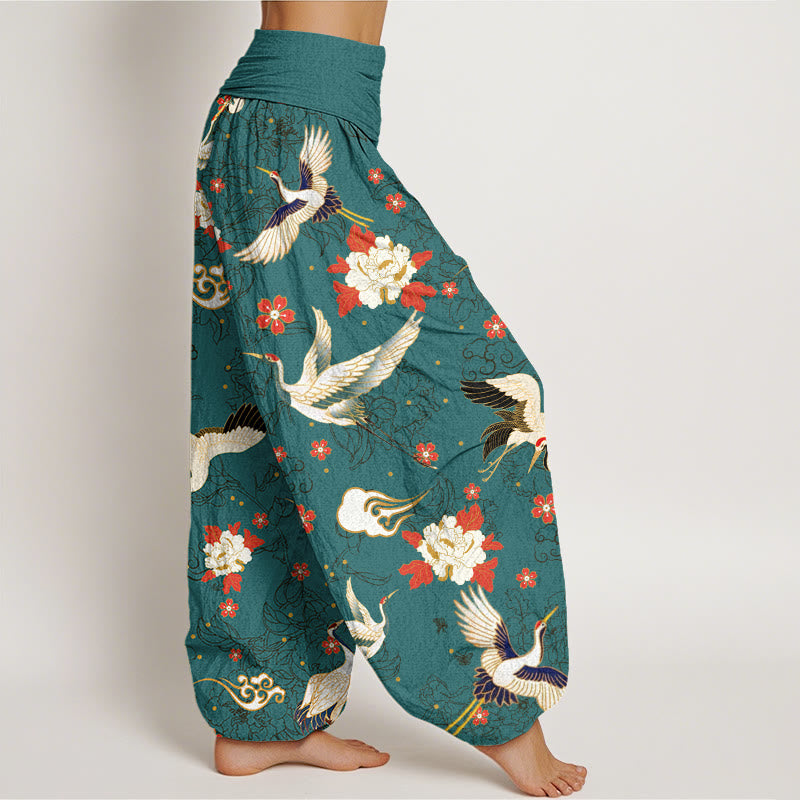 Buddha Stones Casual Red-Crowned Crane Peony Flower Cherry Blossom Pattern Women's Elastic Waist Harem Pants - image 8