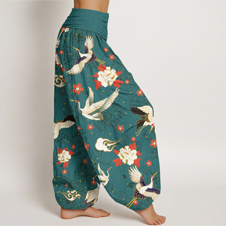 Buddha Stones Casual Red-Crowned Crane Peony Flower Cherry Blossom Pattern Women's Elastic Waist Harem Pants - image 8