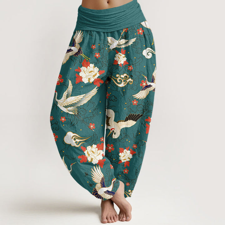 Buddha Stones Casual Red-Crowned Crane Peony Flower Cherry Blossom Pattern Women's Elastic Waist Harem Pants - DarkCyan - US22，UK/AU26，EU54 (6XL) - image 7