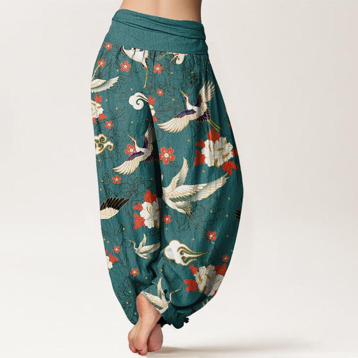 Buddha Stones Casual Red-Crowned Crane Peony Flower Cherry Blossom Pattern Women's Elastic Waist Harem Pants - image 9