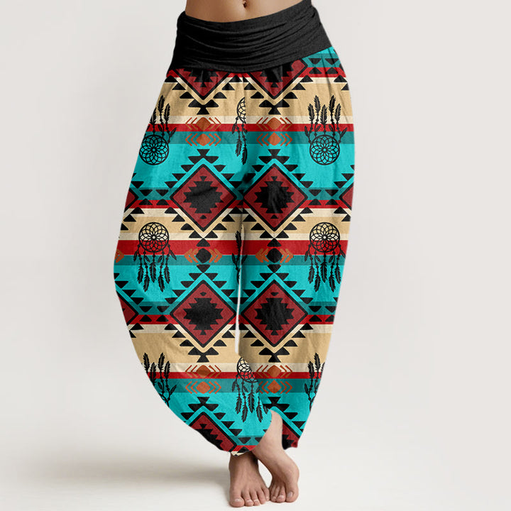 Buddha Stones Casual Symmetrical Dream Catcher Navajo Textile Style Pattern Women's Elastic Waist Harem Pants - Black - US22，UK/AU26，EU54 (6XL) - image 7