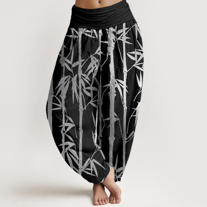 Buddha Stones Casual Bamboo Stems Leaves Pattern Women's Elastic Waist Harem Pants - Black - US22，UK/AU26，EU54 (6XL) - image 4