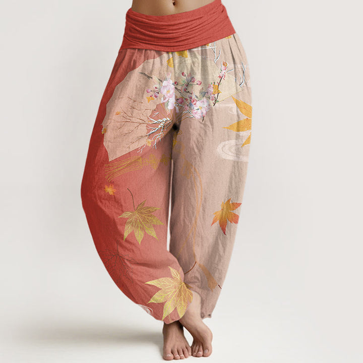 Buddha Stones Cotton Casual Folding Fan Flowers Maple Leaves Cloud Pattern Women's Elastic Waist Harem Pants - Tomato - US22，UK/AU26，EU54 (6XL) - image 7