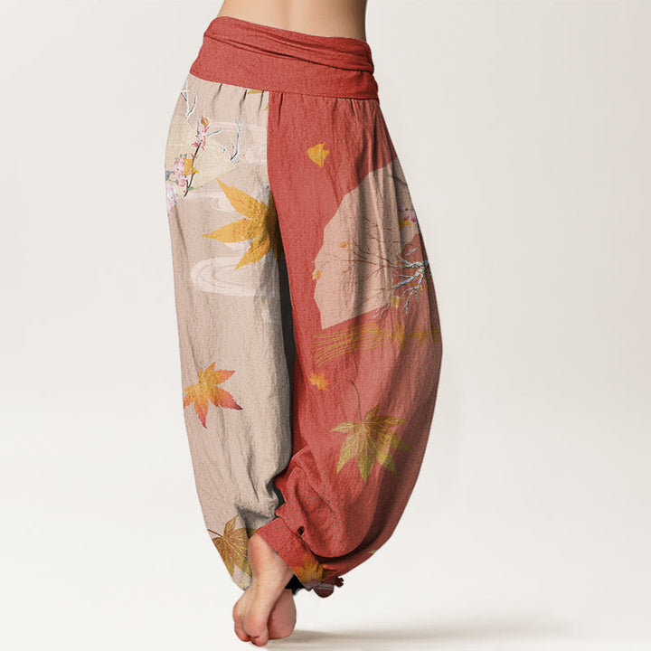 Buddha Stones Casual Folding Fan Flowers Maple Leaves Cloud Pattern Women's Elastic Waist Harem Pants - image 9