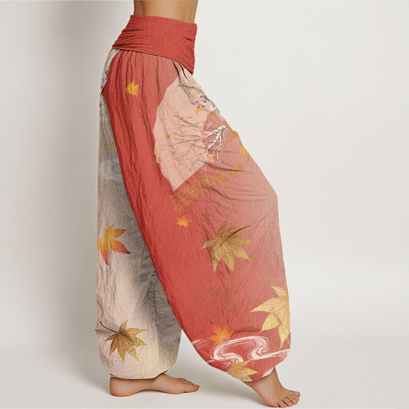 Buddha Stones Cotton Casual Folding Fan Flowers Maple Leaves Cloud Pattern Women's Elastic Waist Harem Pants - image 8