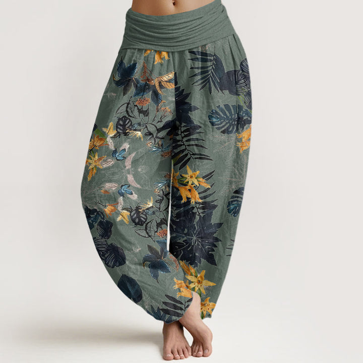 Buddha Stones Yellow Flowers Green Leaves Design Women's Elastic Waist Harem Pants - MediumAquamarine - US22，UK/AU26，EU54 (6XL) - image 0
