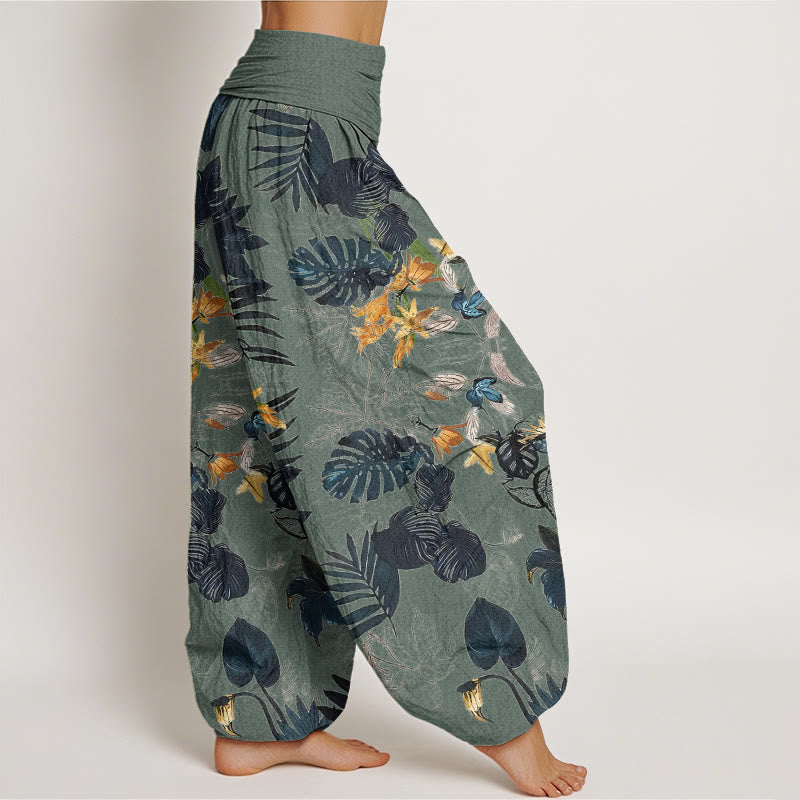Buddha Stones Yellow Flowers Green Leaves Design Women's Elastic Waist Harem Pants - image 2
