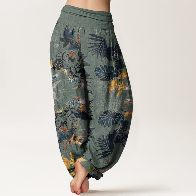 Buddha Stones Yellow Flowers Green Leaves Design Women's Elastic Waist Harem Pants - image 1
