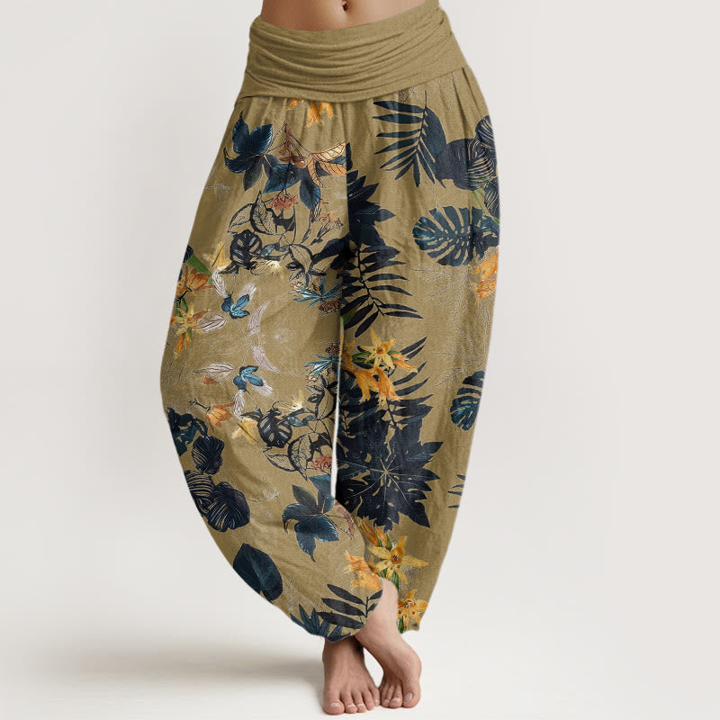 Buddha Stones Yellow Flowers Green Leaves Design Women's Elastic Waist Harem Pants - DarkKhaki - US22，UK/AU26，EU54 (6XL) - image 4