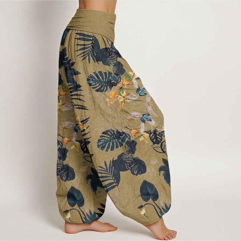 Buddha Stones Yellow Flowers Green Leaves Design Women's Elastic Waist Harem Pants - image 6