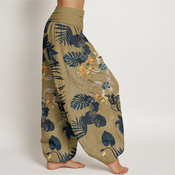 Buddha Stones Yellow Flowers Green Leaves Design Women's Elastic Waist Harem Pants - image 6