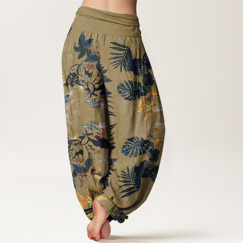 Buddha Stones Yellow Flowers Green Leaves Design Women's Elastic Waist Harem Pants - image 5