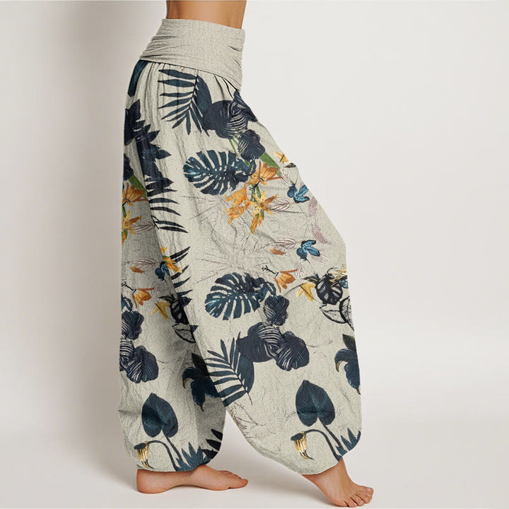Buddha Stones Yellow Flowers Green Leaves Design Women's Elastic Waist Harem Pants - image 9