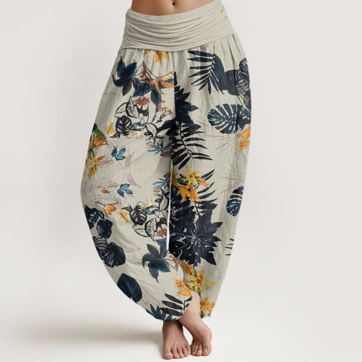 Buddha Stones Yellow Flowers Green Leaves Design Women's Elastic Waist Harem Pants - Beige - US22，UK/AU26，EU54 (6XL) - image 7