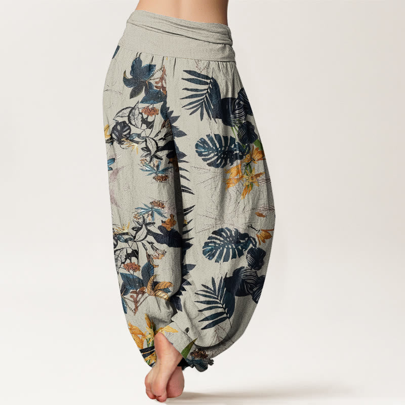 Buddha Stones Yellow Flowers Green Leaves Design Women's Elastic Waist Harem Pants - image 8