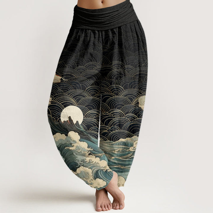 Buddha Stones Casual Wave Moon Mountain Pattern Women's Elastic Waist Harem Pants - Black - US22，UK/AU26，EU54 (6XL) - image 0