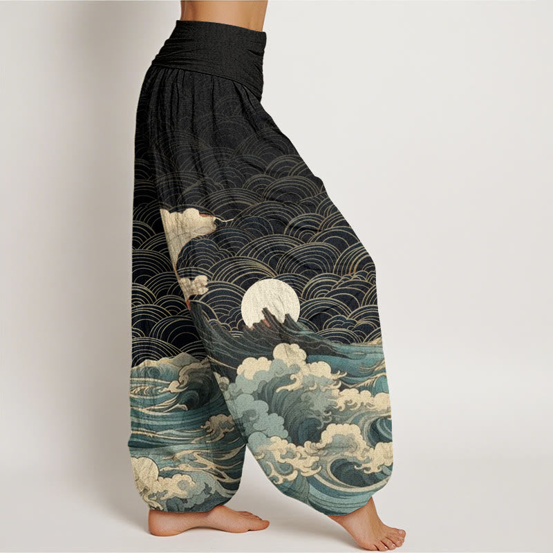 Buddha Stones Casual Wave Moon Mountain Pattern Women's Elastic Waist Harem Pants - image 1