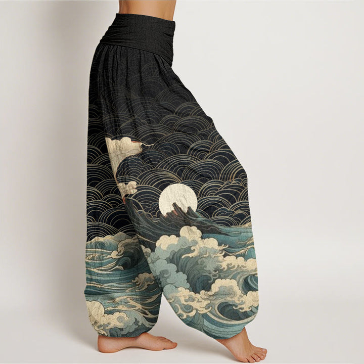Buddha Stones Casual Wave Moon Mountain Pattern Women's Elastic Waist Harem Pants - image 1