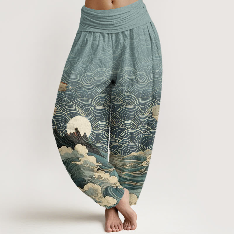 Buddha Stones Casual Wave Moon Mountain Pattern Women's Elastic Waist Harem Pants - SkyBlue - US22，UK/AU26，EU54 (6XL) - image 4