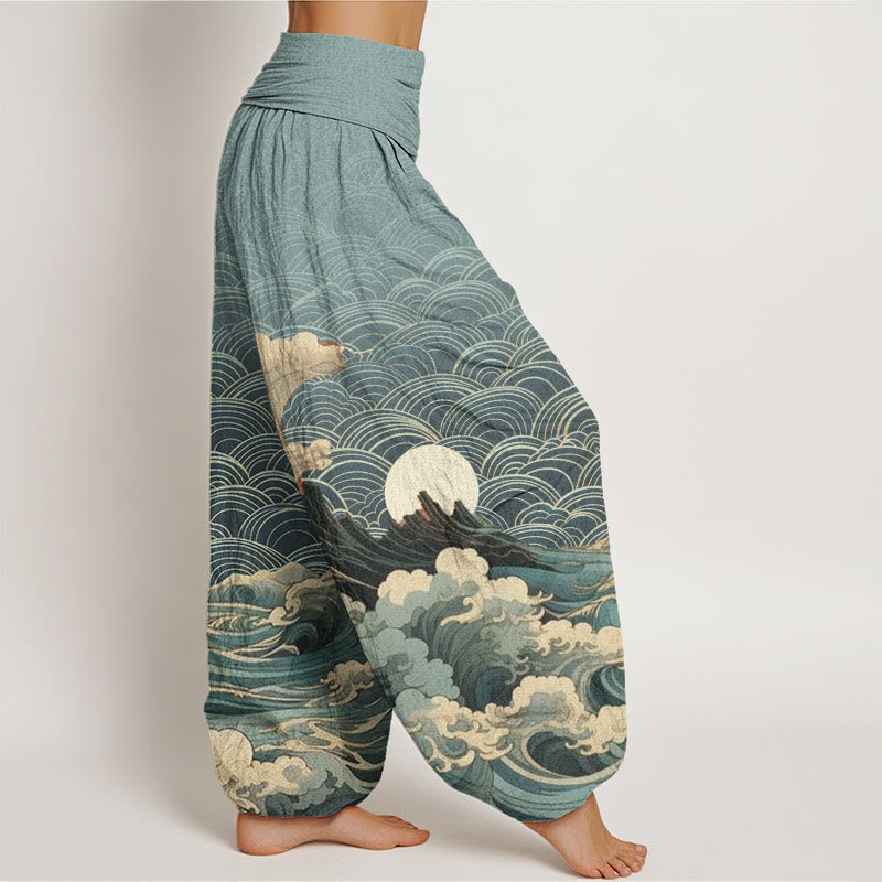 Buddha Stones Casual Wave Moon Mountain Pattern Women's Elastic Waist Harem Pants - image 5