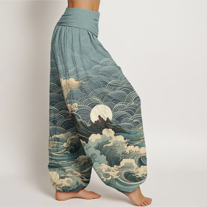 Buddha Stones Casual Wave Moon Mountain Pattern Women's Elastic Waist Harem Pants - image 5